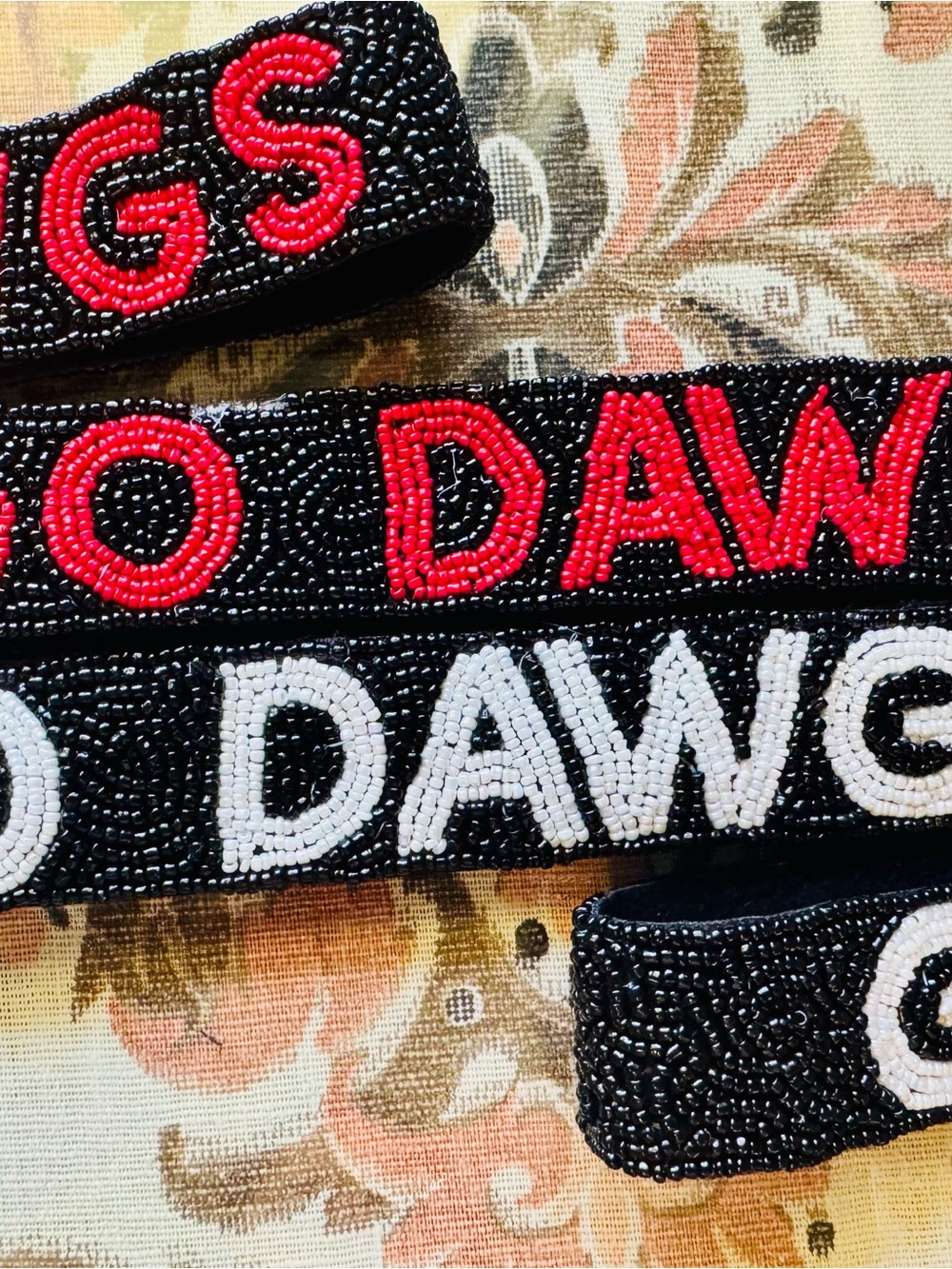 Hand-Beaded Game Day Strap with Georgia โGO DAWGSโ, Gold Hardware